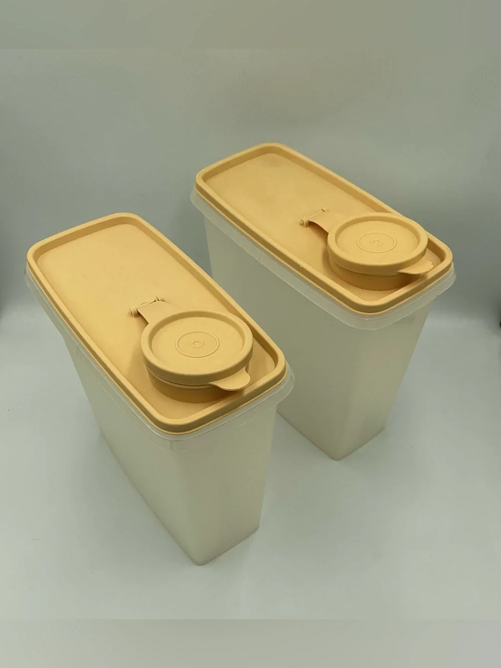 Vintage Tupperware Set of 2 Cereal Snack Keeper Containers Yellow & Beige w/Lids
